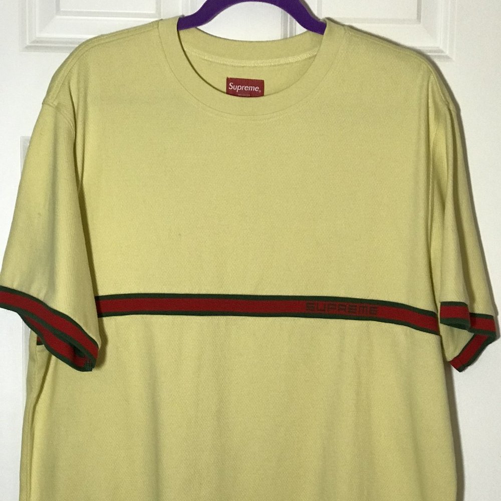 SUPREME Knit Stripe Short Sleeve Shirt - GUCCI Box Logo Trim Light Yellow Sz LG
